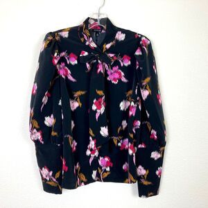 NWT Who What Wear Women's Blouse Size M Dark Floral Tie Neck Long Cuffs Office